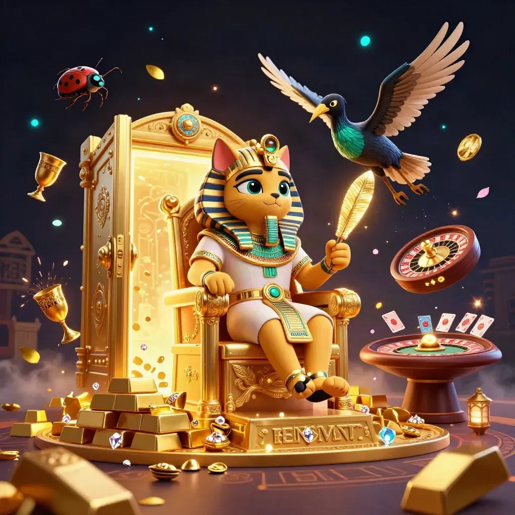 Pharaoh cat, ibis scribe and scarabs amid vault gold, roulette, cards, fireworks.