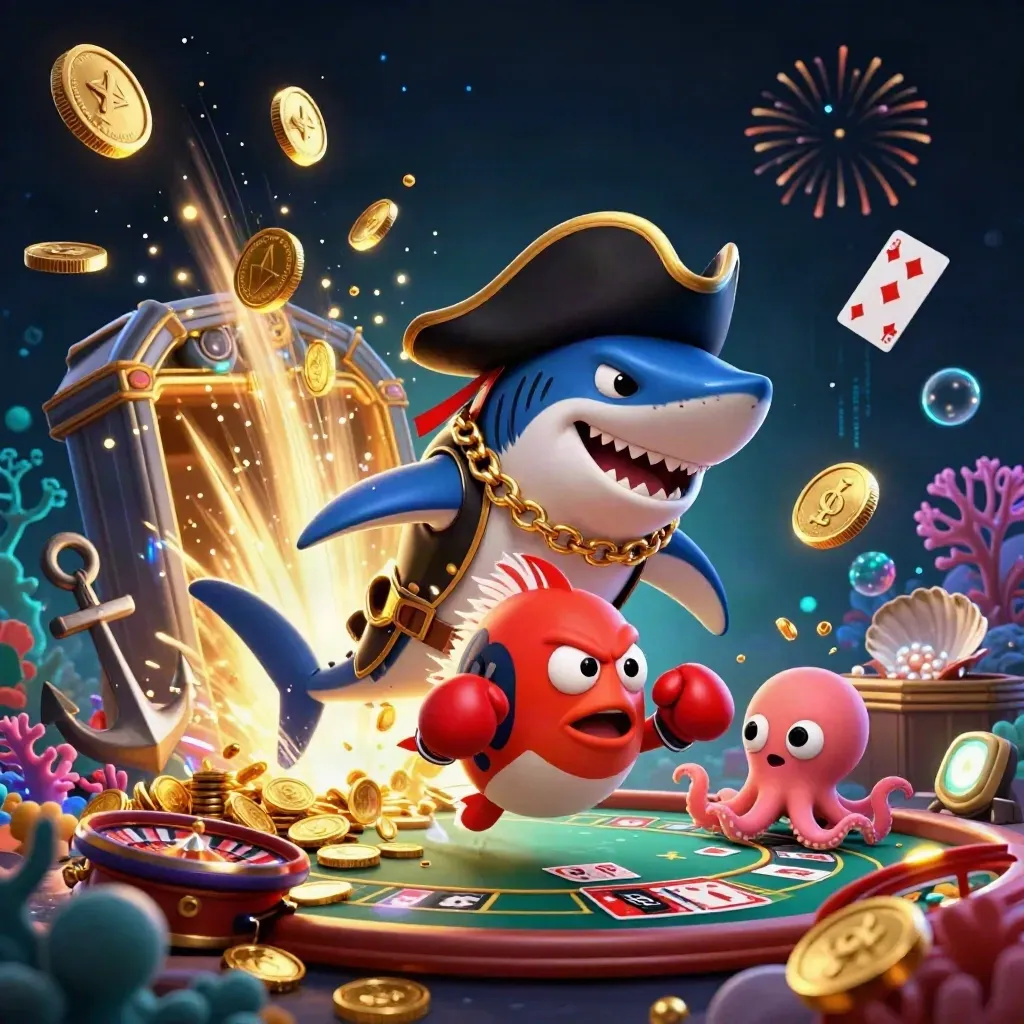 Pirate shark, boxing pufferfish, and coin-juggling octopus amid casino treasure and neon glow.