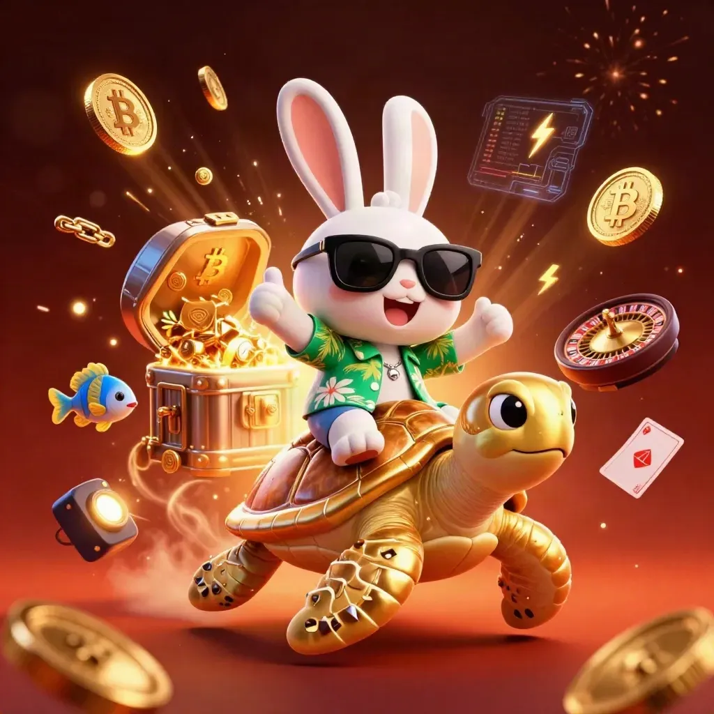 Lucky rabbit rides a gem-shell turtle amid coins, crypto sparks, roulette, cards and fireworks.