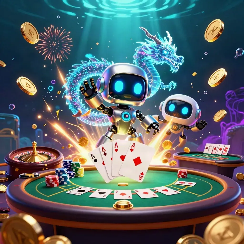 Robot mascot, hologram dragon, and coin drone amid casino loot, chips, cards, and underwater glow.