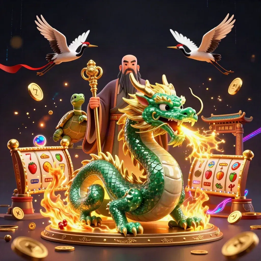 Emerald dragon, turtle sage, and cranes amid gold fire, coins, reels, and temple gates.