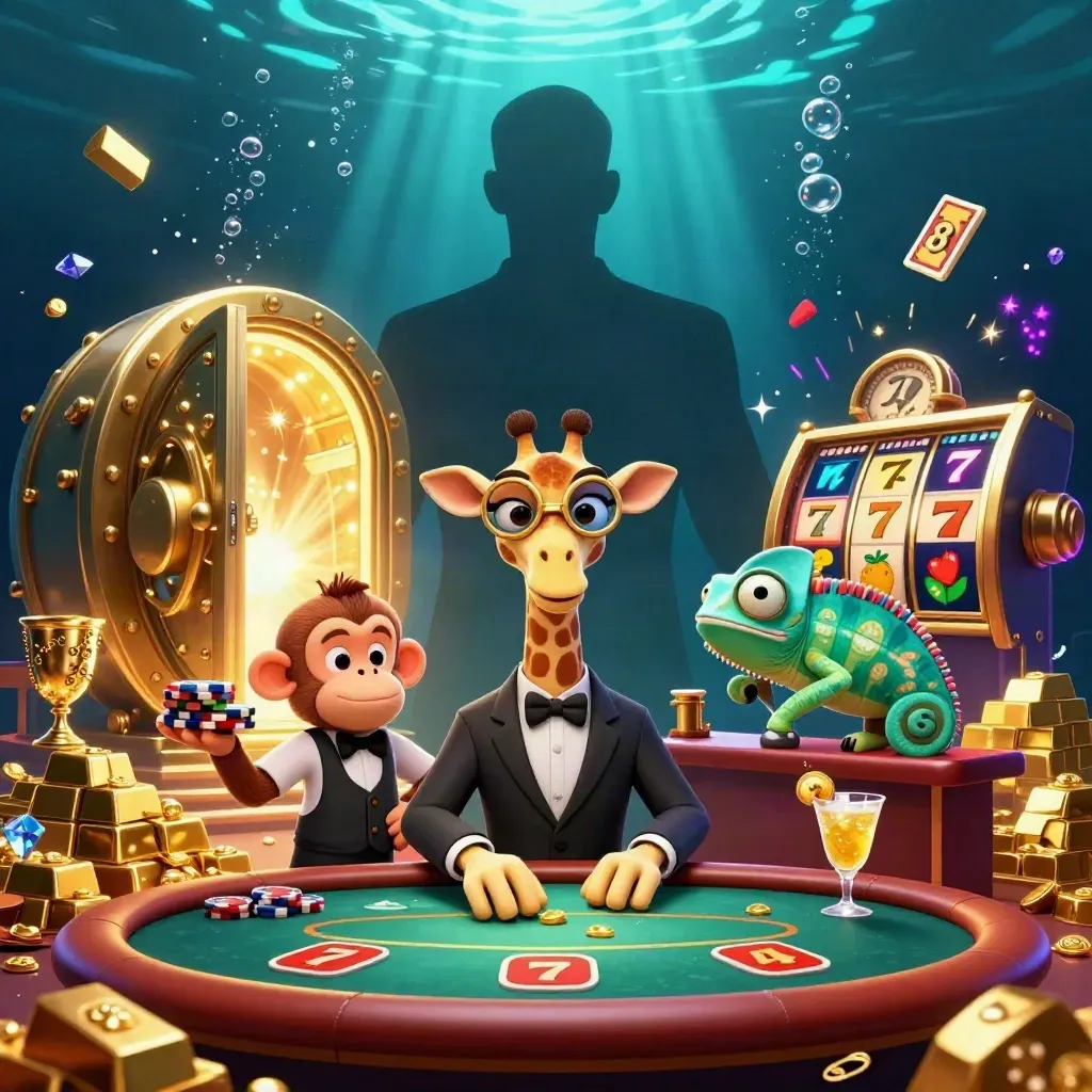 A luxe underwater casino scene with giraffe, monkey, and chameleon amid gold, gems, and a vault glow.