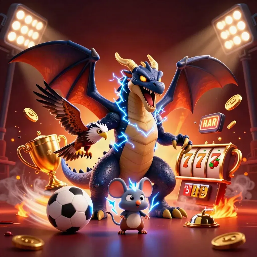 Thunder dragon, hawk, and mouse amid casino props and embers on a crimson glow.