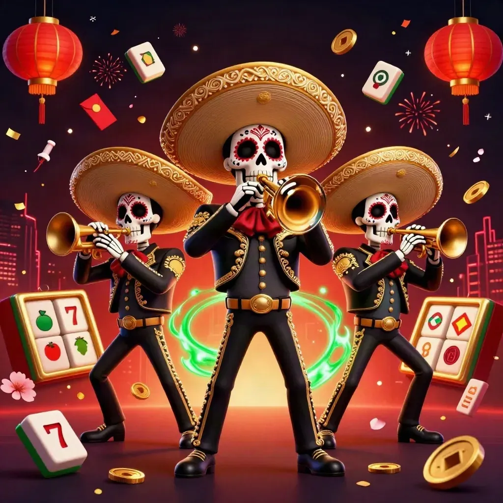 Day-of-the-Dead skeleton mariachi trio amid casino props, confetti, fireworks, and neon glow