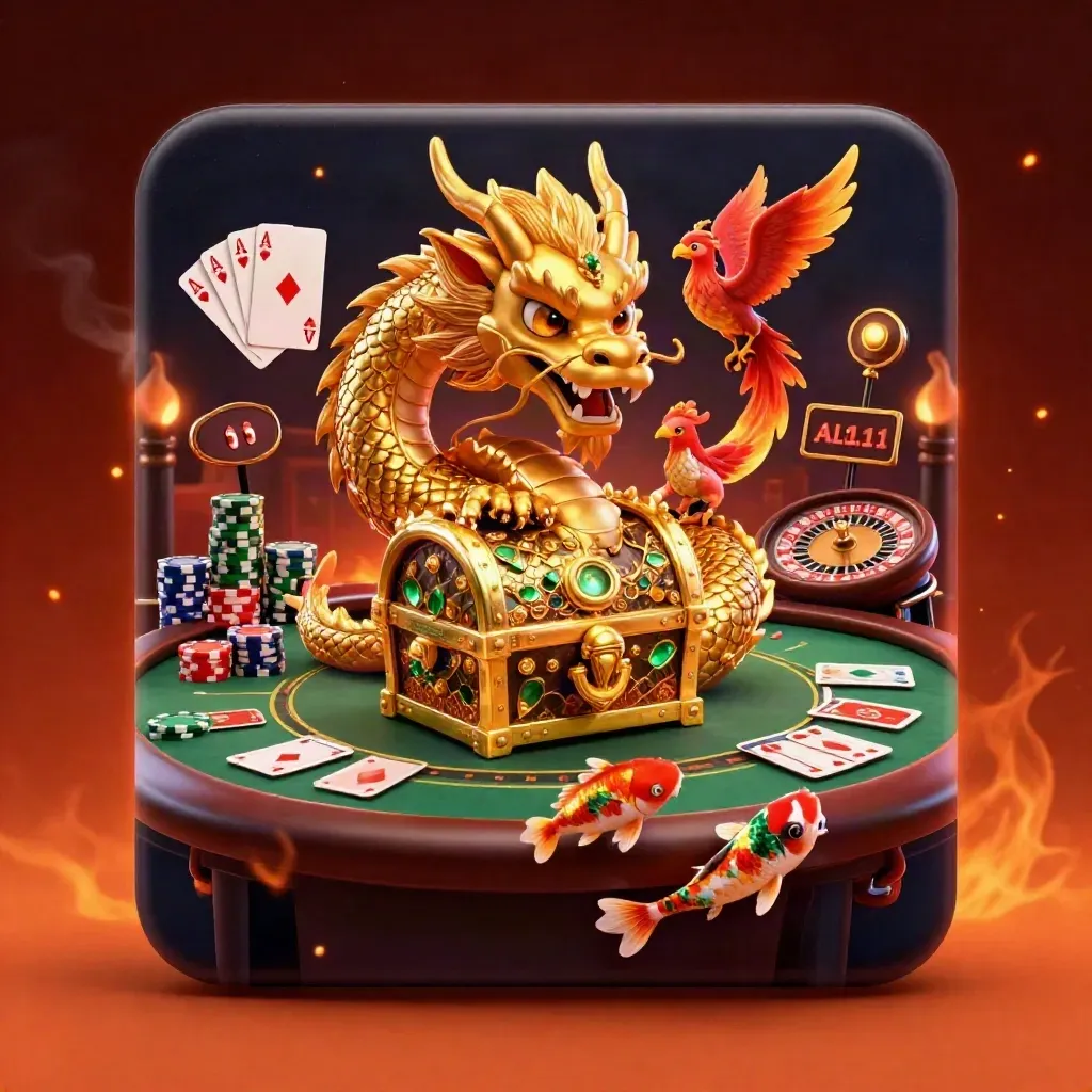 Golden dragon with phoenix and koi amid casino chips, cards, roulette, and fiery luxe glow.