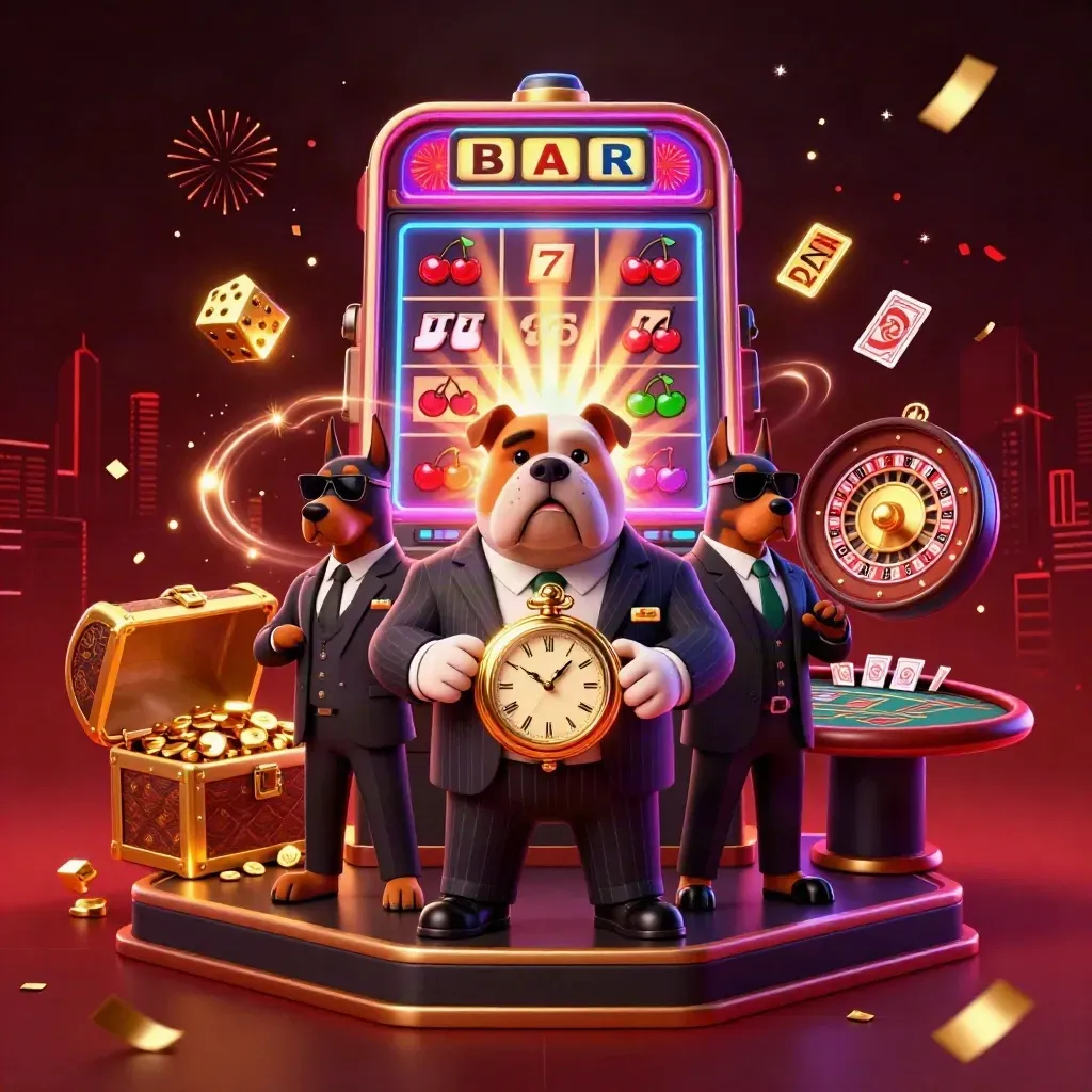 Bulldog boss with two Doberman guards amid slot machine, dice, chips, fireworks, and gold