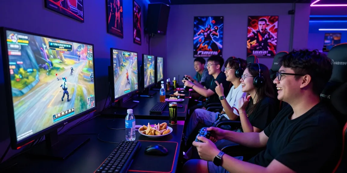 Group gaming session at a hit club with friends enjoying competitive play and lively atmosphere