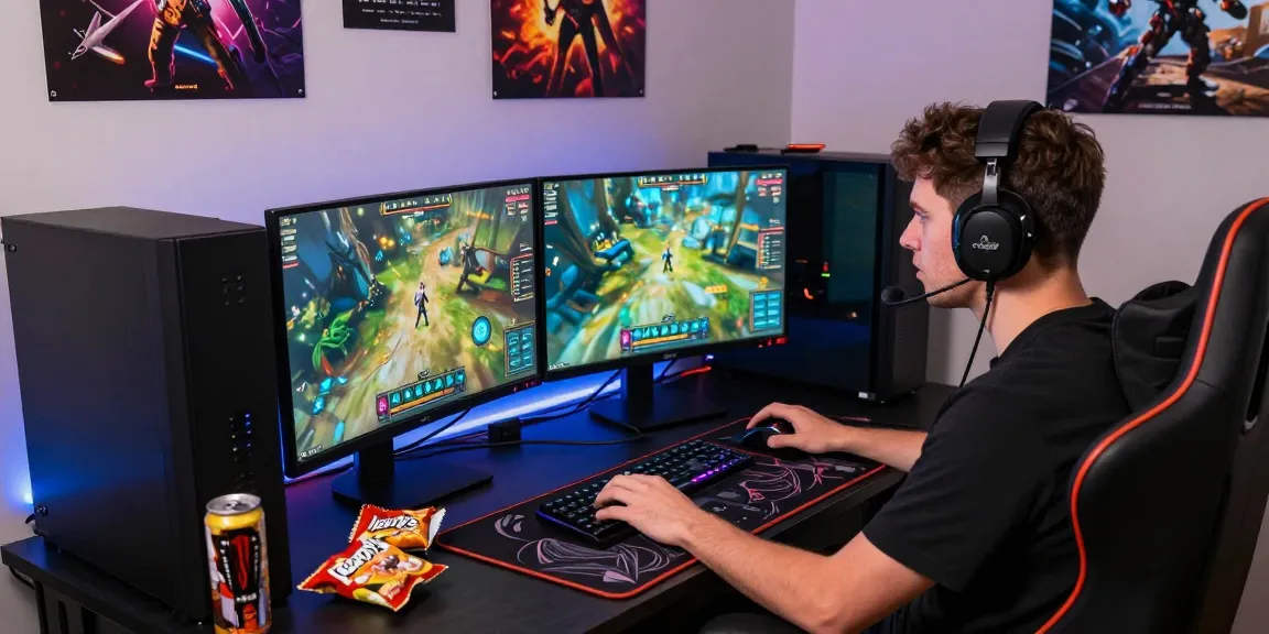 Gamer di https://www.wickhill.co.uk/ dengan setup gaming canggih dan layar ganda.