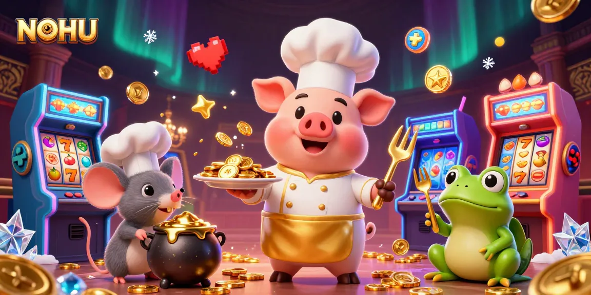 Experience the thrill of winning at NOHU with gourmet gold coins served by a cartoon chef during gameplay.
