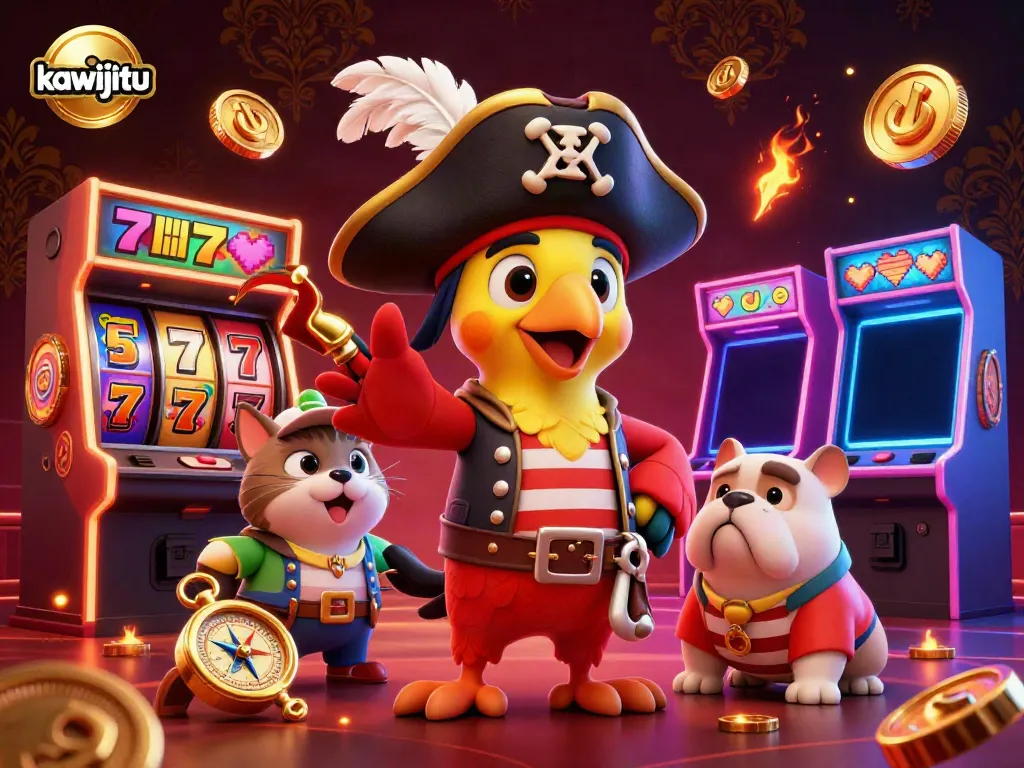 Experience the thrill of kawijitu in this playful pirate-themed casino scene with vibrant game elements.