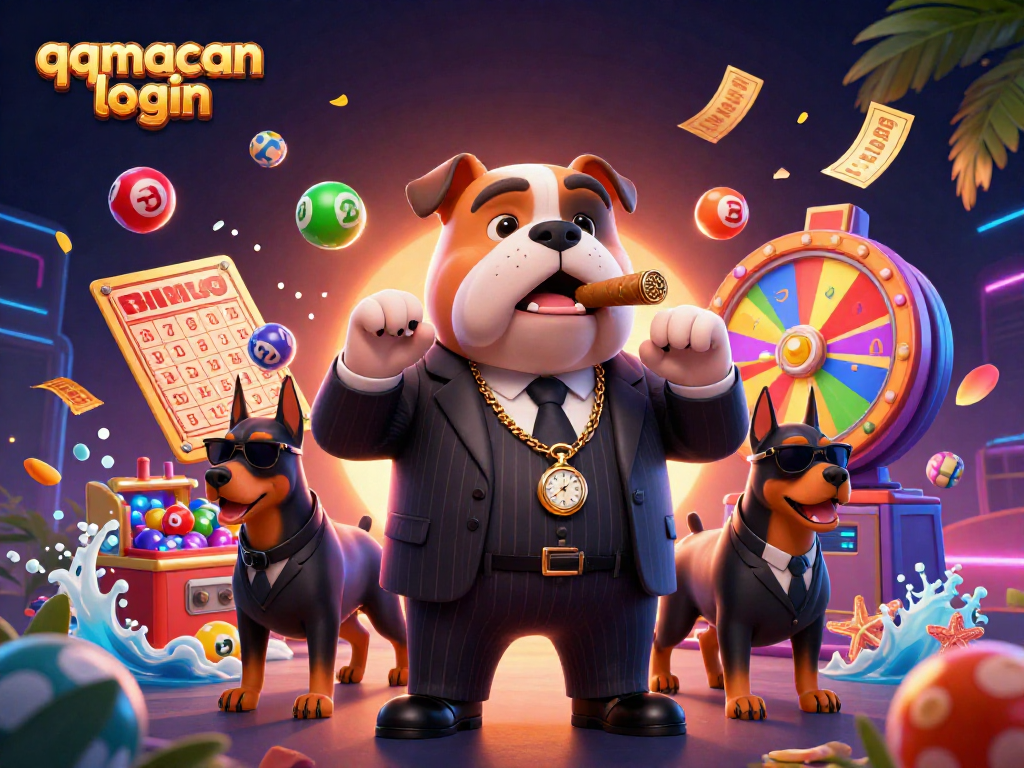 Experience the thrill of qqmacan login with a lively casino scene featuring vibrant lottery elements and dynamic characters.