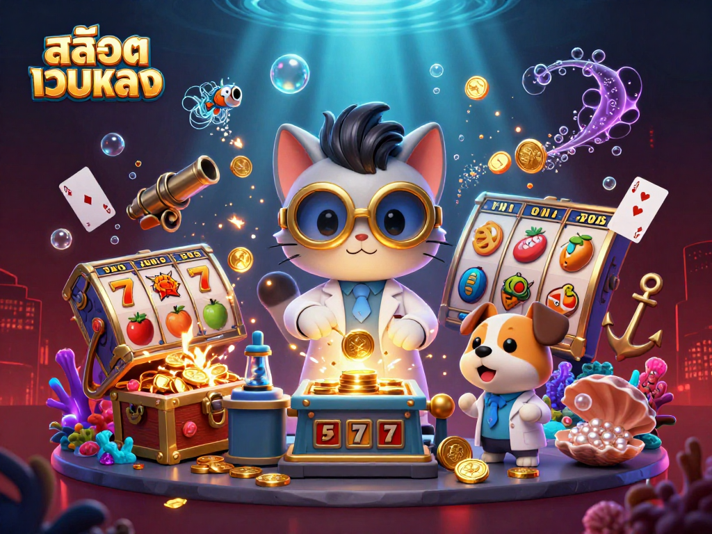 Experience the excitement of สล็อตเว็บตรง with vibrant slot reels and treasures in a colorful 3D scene.