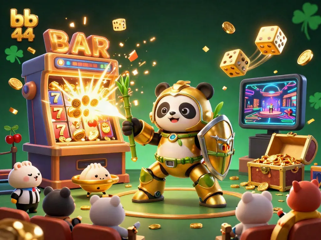 Engage with bb 44 in a vibrant casino, a golden panda battles a jackpot explosion amidst cheering spectators.