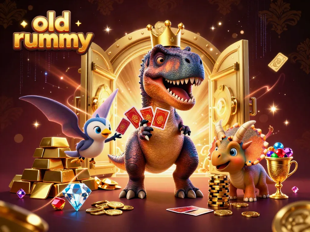 Permainan rummy lama dengan dinosaur di kasino virtual, menumpuk koin emas dan bermain kartu.