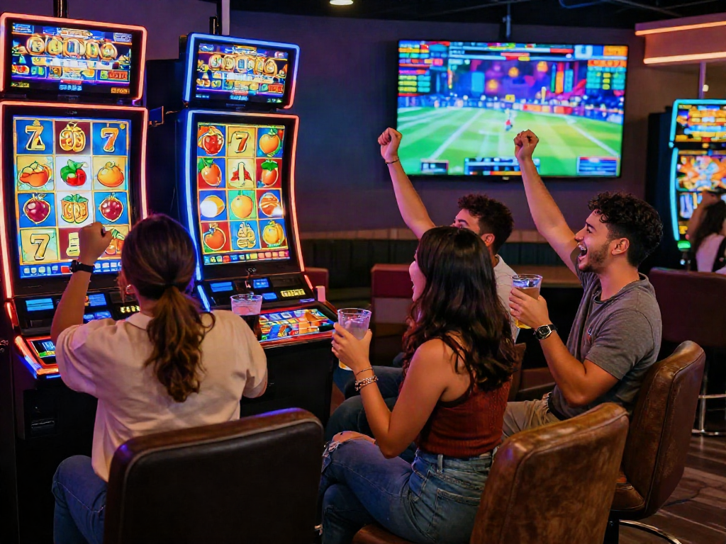 Friends celebrating a win while playing slot gacor online in a vibrant casino setting with animated slot reels.