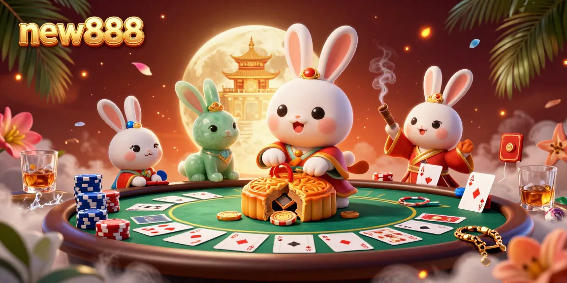 Experience winning strategies with new888 in a vibrant casino scene featuring festive moon rabbits.