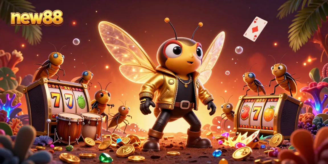 Experience the thrill of new88 with a vibrant casino scene featuring a cicada rock star and slot elements.