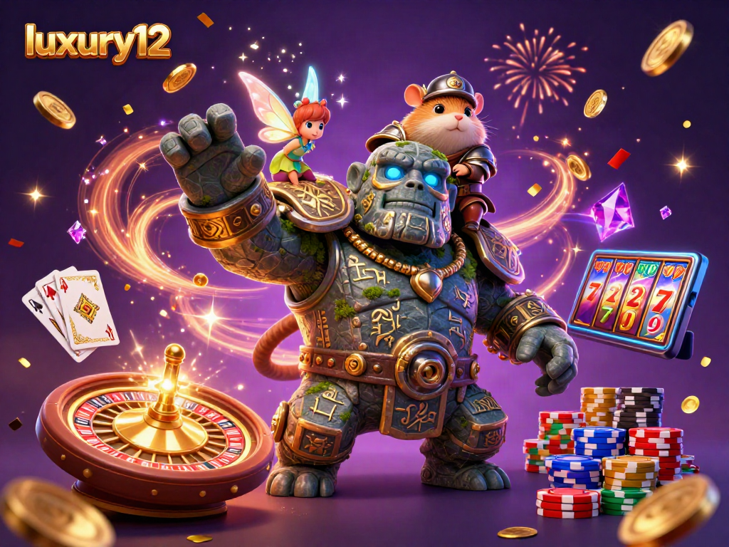Aksi game mewah di luxury12 dengan golem penjaga dan koin emas berkilauan.