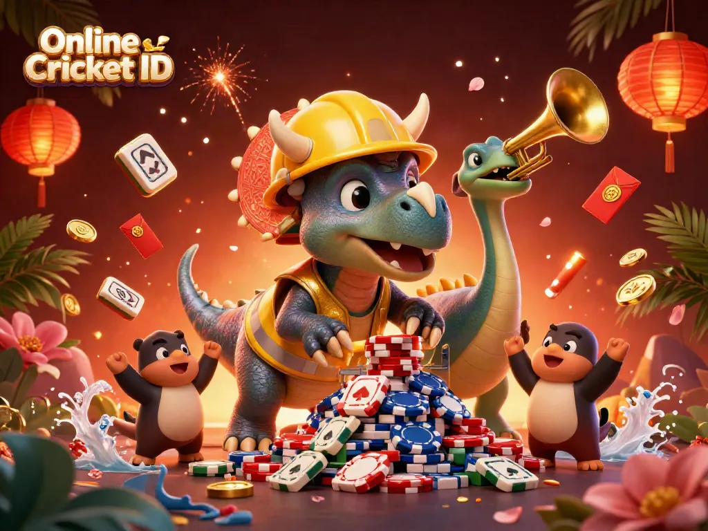 Engage with Online Cricket ID betting as a playful triceratops builds poker chip pyramids and celebrates.