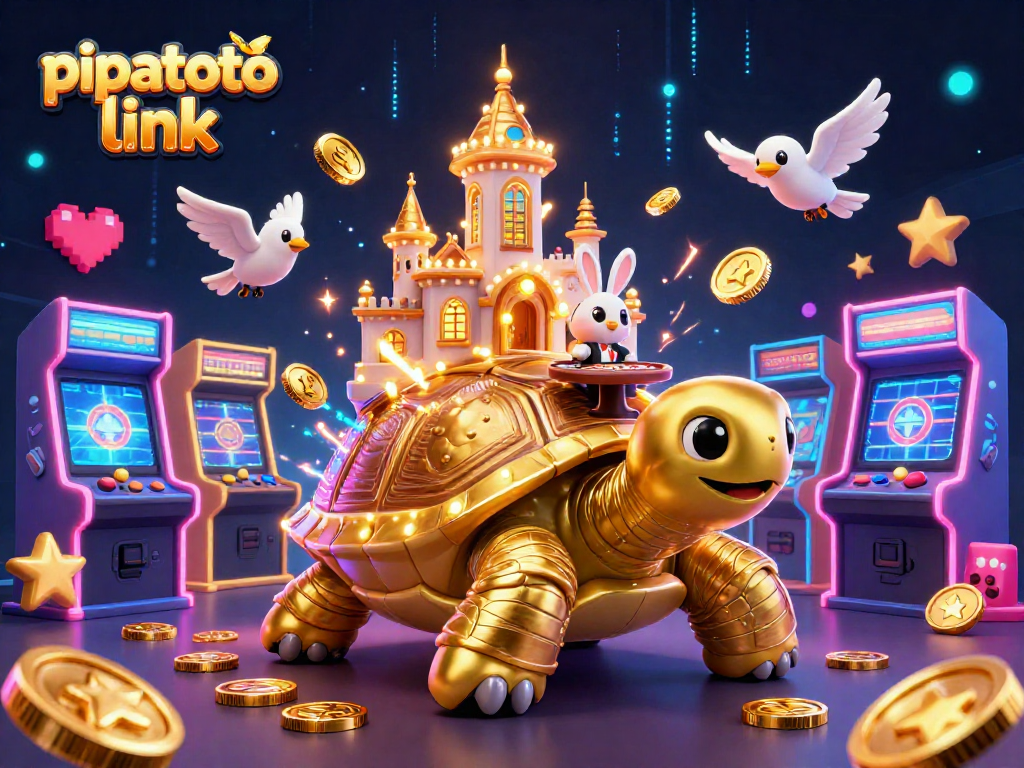 Pipatoto link showcases a vibrant casino scene with a golden tortoise and flying coins.