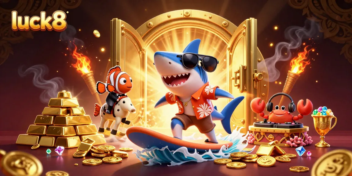 Elevate your game with luck8, featuring a shark on gold coins and rich casino elements.