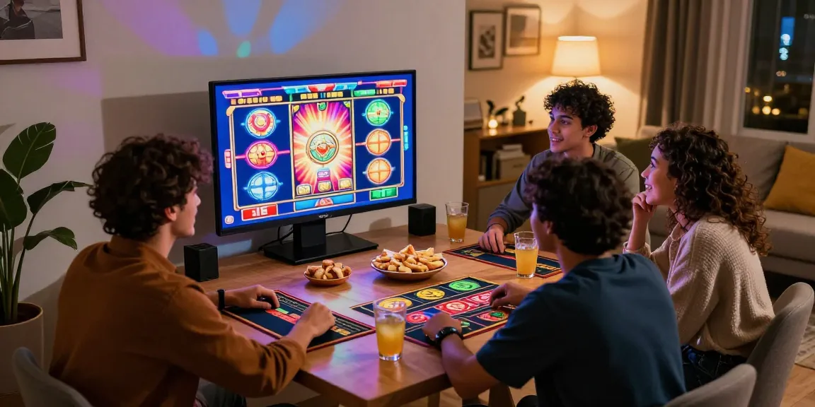 Friends having fun playing slot online games at home, showcasing a vibrant casino mood.