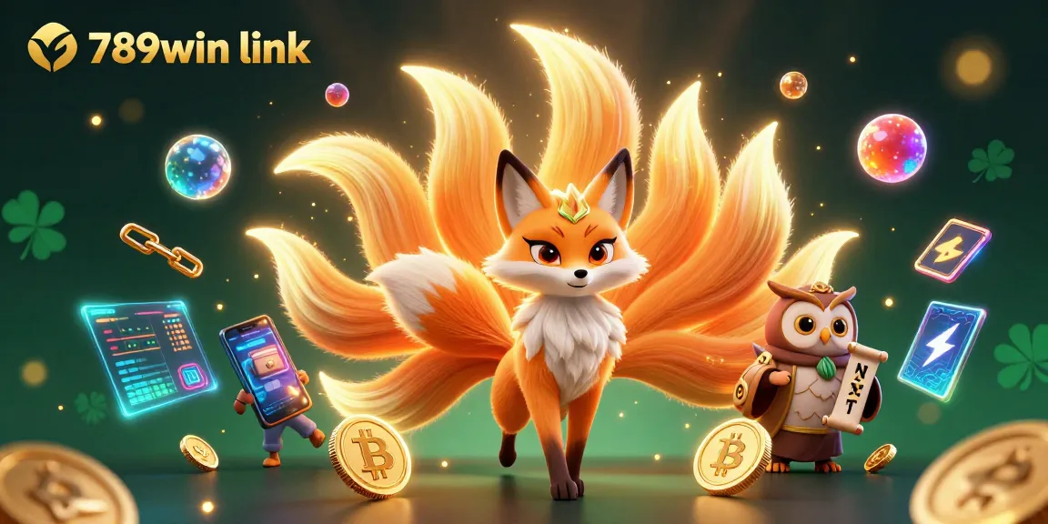 Engage with the vibrant 789win link scene featuring a glowing fox spirit amidst crypto coins and casino elements.
