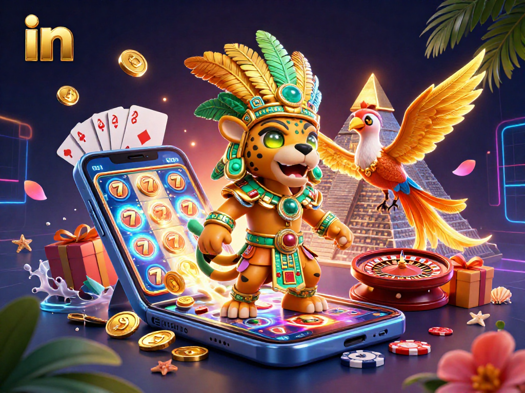 Play colorful slot games with a 3D Mayan jaguar priest and quetzal bird in an immersive casino atmosphere.