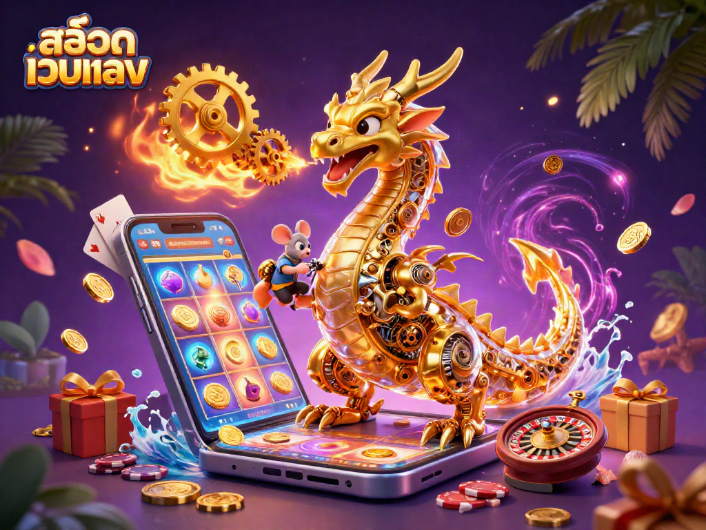 Experience excitement with สล็อตเว็บตรง featuring a golden dragon, slot games, and dynamic casino elements.