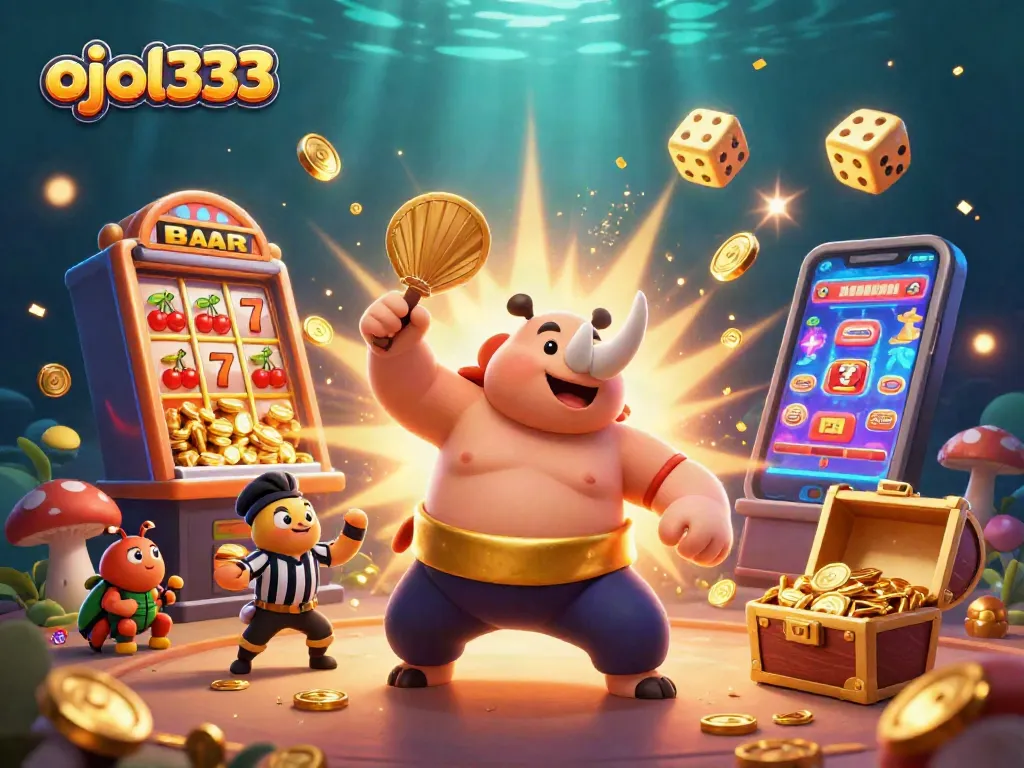 ojol333 gamers enjoy big wins with a vibrant casino-themed illustration featuring dynamic slot machines.