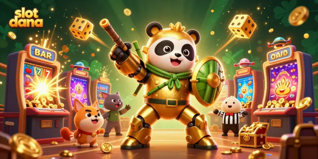 Slot dana mewakili mesin slot yang penuh uang koin dan simbol keberuntungan dalam suasana kasino ceria