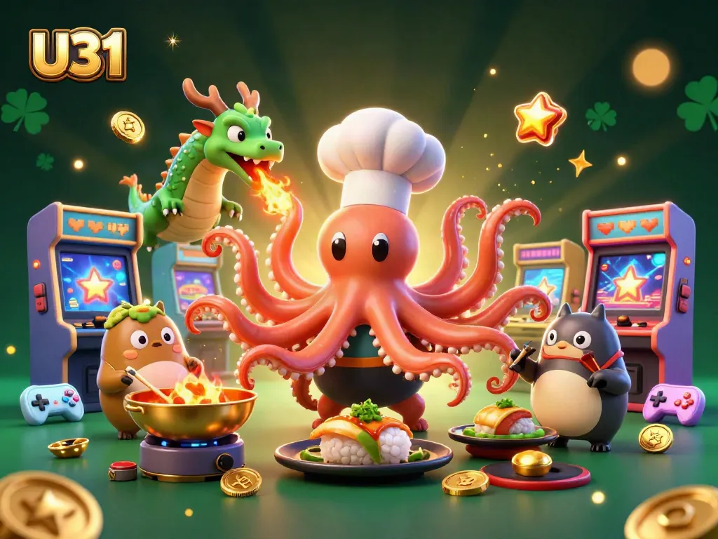 Experience thrilling gameplay with U31 as a sushi chef octopus, dragon, and tanuki come to life in an engaging casino setting.