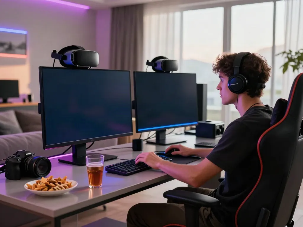 Engaging akunjp online gambling scene with a gamer in stylish room