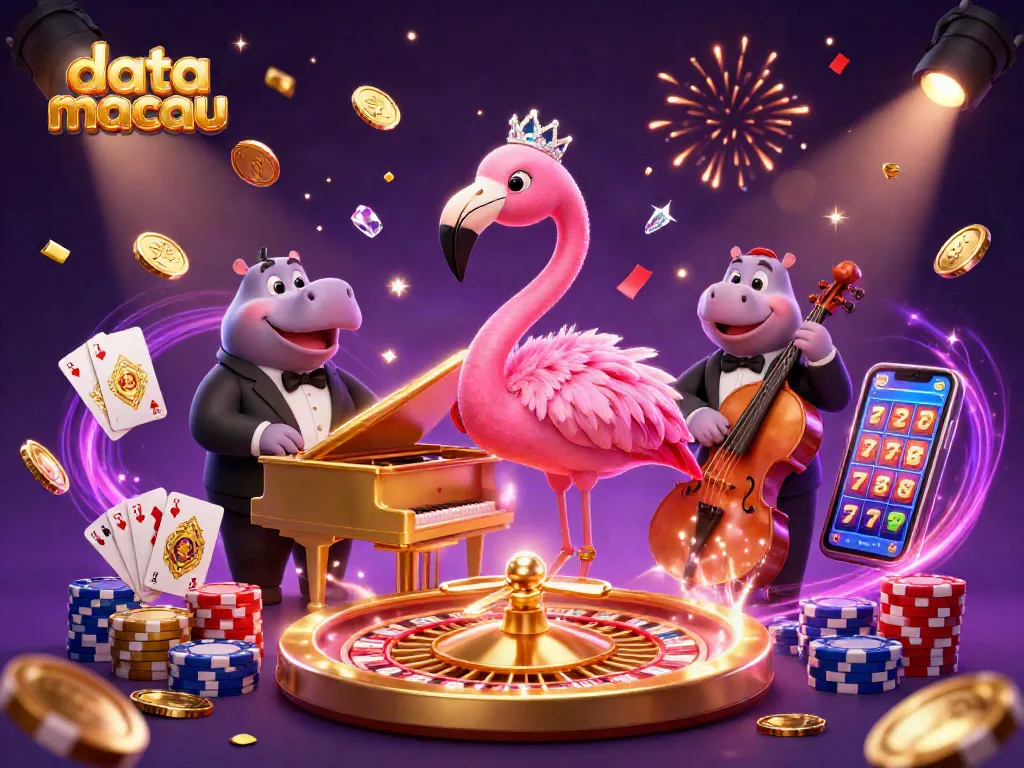 Menang di Data Macau dengan hasil lotto 2026, dikelilingi koin emas dan lampu sorot.