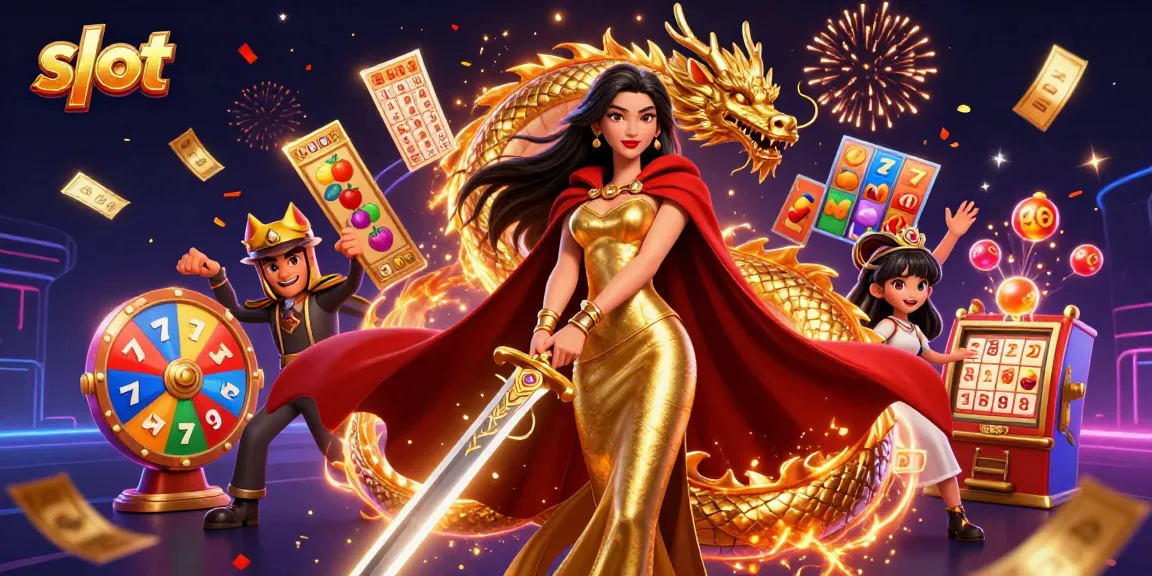 Putar gulungan slot dengan keberuntungan dan kegembiraan, menampilkan ratu pejuang dan naga emas.