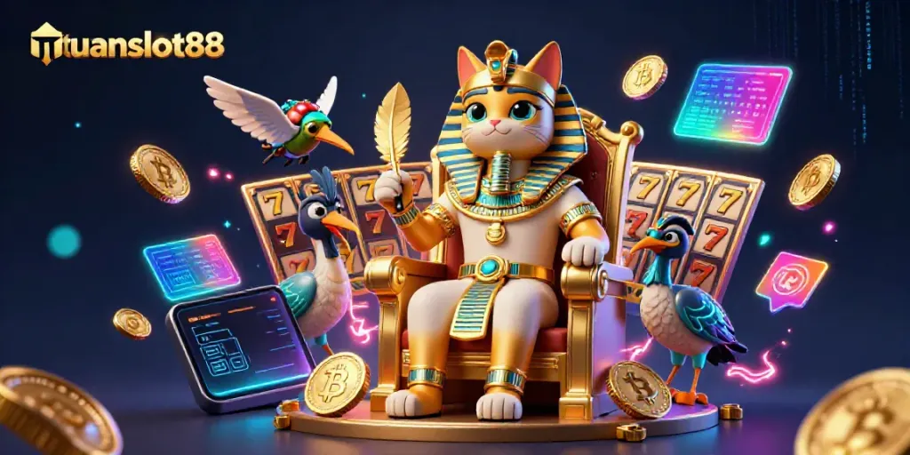 Tuanslot88 menawarkan ilustrasi slot dengan karakter kucing Mesir dan elemen jackpot, menggugah semangat permainan.