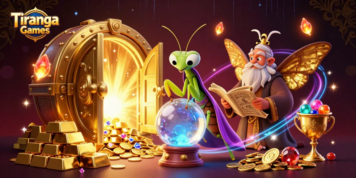 Tiranga Games enchanting players with vibrant illustrations of a fortune teller and moth librarian amidst a treasure vault scene.