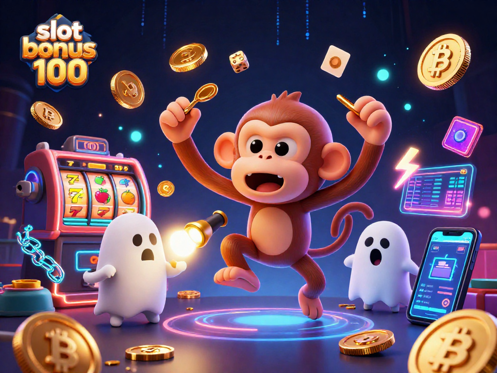 Experience thrilling action with slot bonus 100 as a mischievous monkey juggles winning coins in a casino.