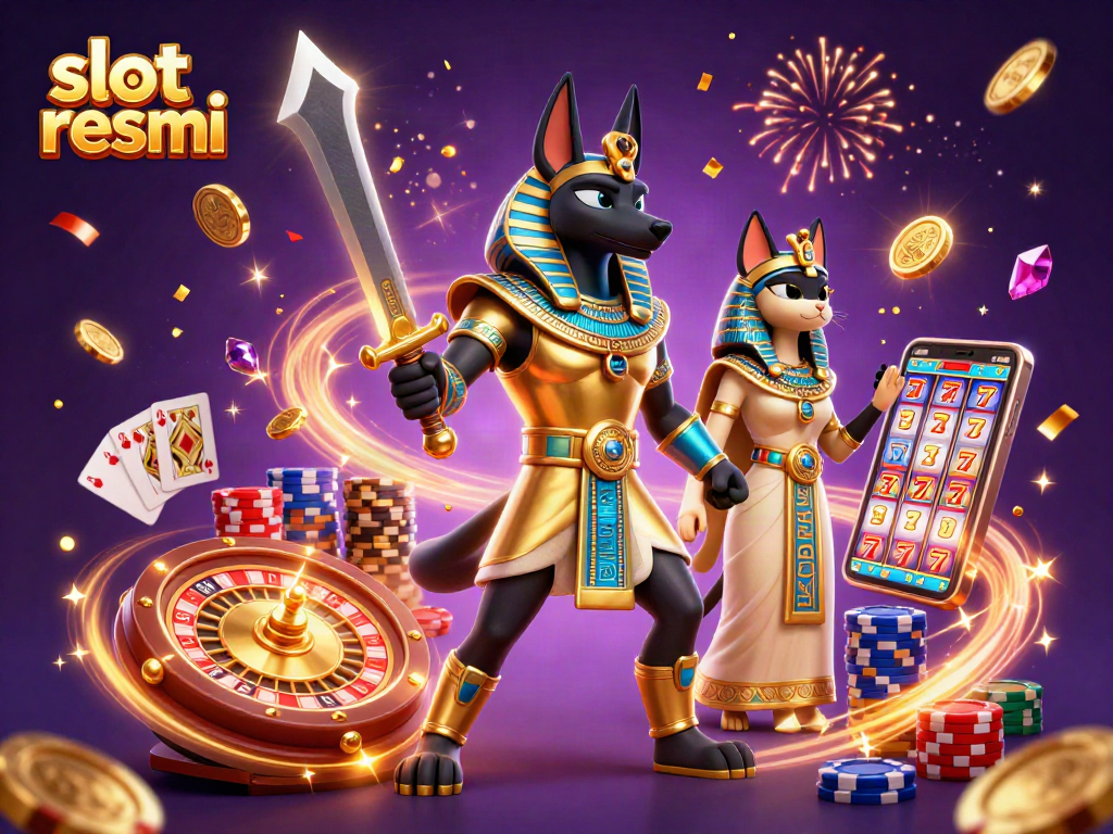 Slot resmi showcases a vibrant 3D scene with Anubis and Bastet surrounded by casino elements.