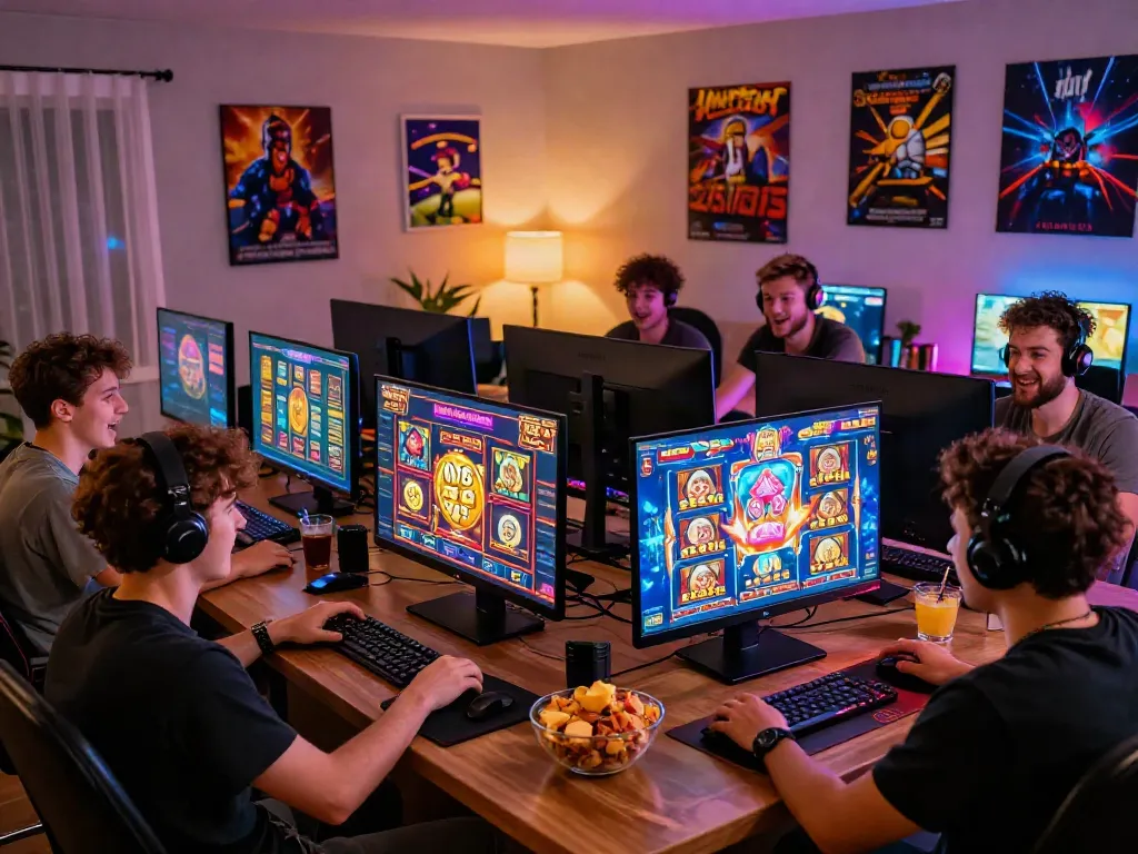Excited players engaging with colorful slot jackpot games in a cozy gaming environment, showcasing community spirit and joy.