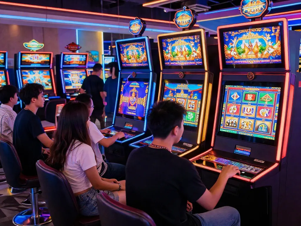 Engaged players enjoying slot thailand games in a vibrant online casino setting.