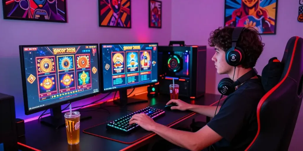 Exciting gaming setup featuring slot gacor 2026 visuals and vibrant decor.