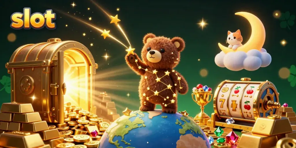 Engage in the thrill of slots with a whimsical scene of a constellation bear and gemstone treasures