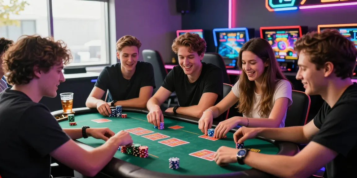 Young adults enjoying a sunwin gaming night in a vibrant lounge with cards and chips.