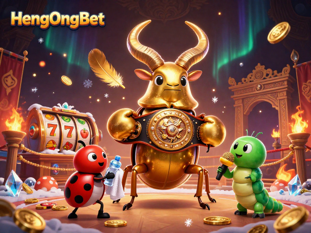 Engage with the thrilling HengOngBet casino scene featuring a golden stag beetle boxing and vibrant game elements.