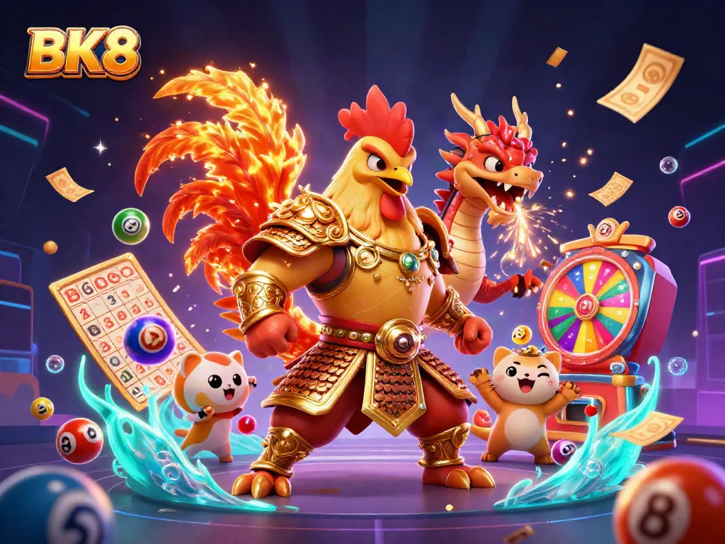 Engage in thrilling gaming action with BK8's dynamic illustration featuring vibrant characters and casino elements.