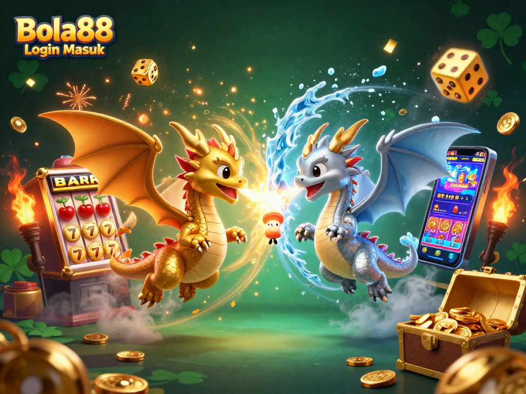 Bola88 Login Masuk showcases dragons amid a jackpot explosion in a rich casino-themed illustration.