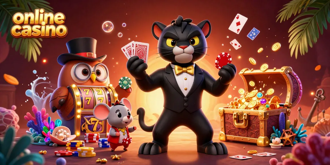 Engaging online casino scene featuring a stylish black panther dealing cards with playing chips and a treasure chest of coins.