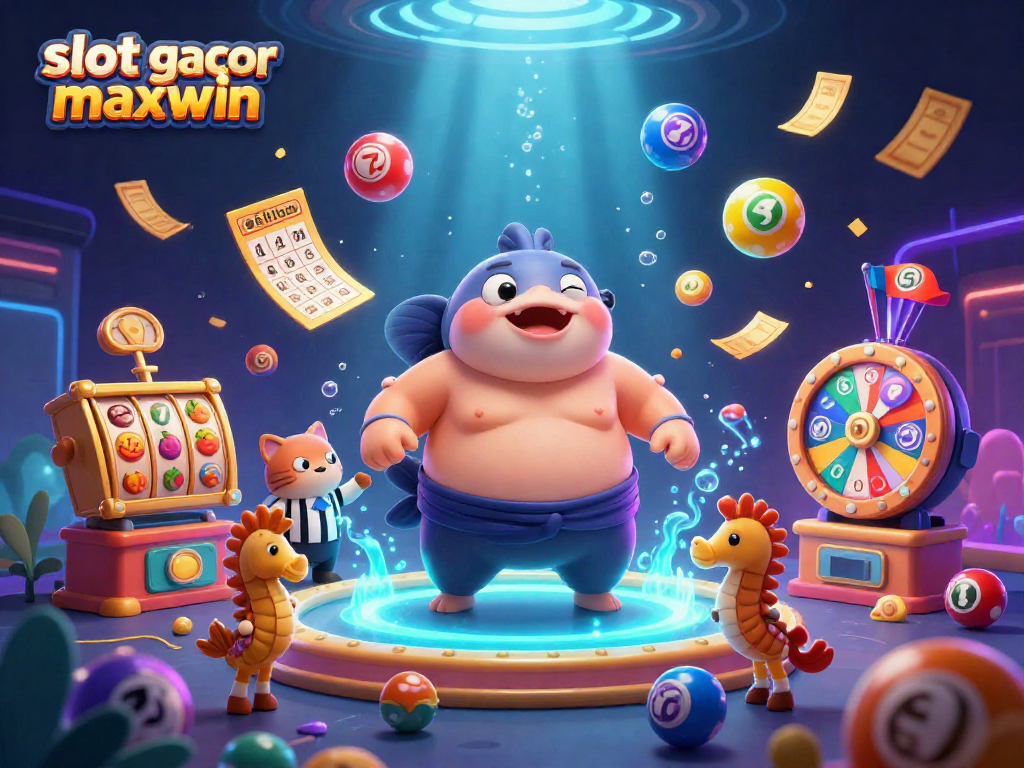 Slot gacor maxwin menampilkan fugu 3D dalam pertarungan slot yang ramai dan berwarna cerah.