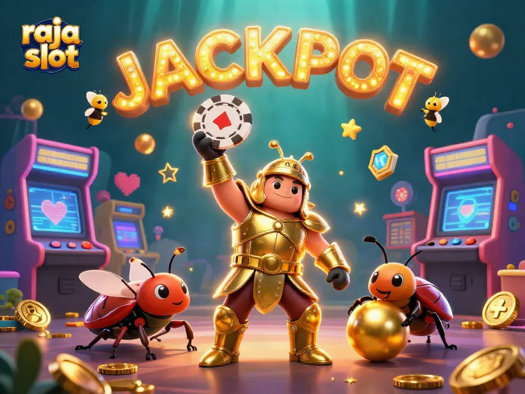 Raja slot menunjukkan kemenangan dengan simbol jackpot, dikelilingi mesin game berwarna cerah dan koin emas